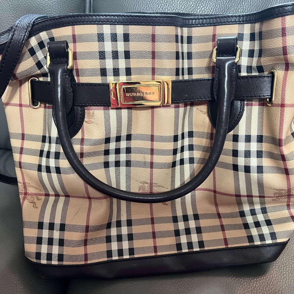 Burberry Dark Brown/Beige Haymarket Check Coated Canvas and Leather Medium Golde